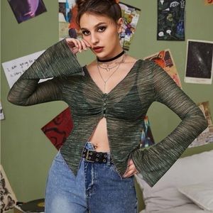 Romwe Green Mesh Long Sleeve